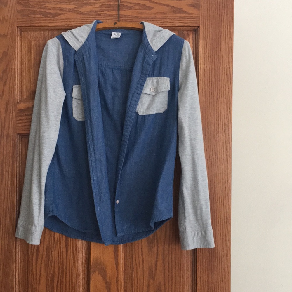 Denim and gray button up hoodie
